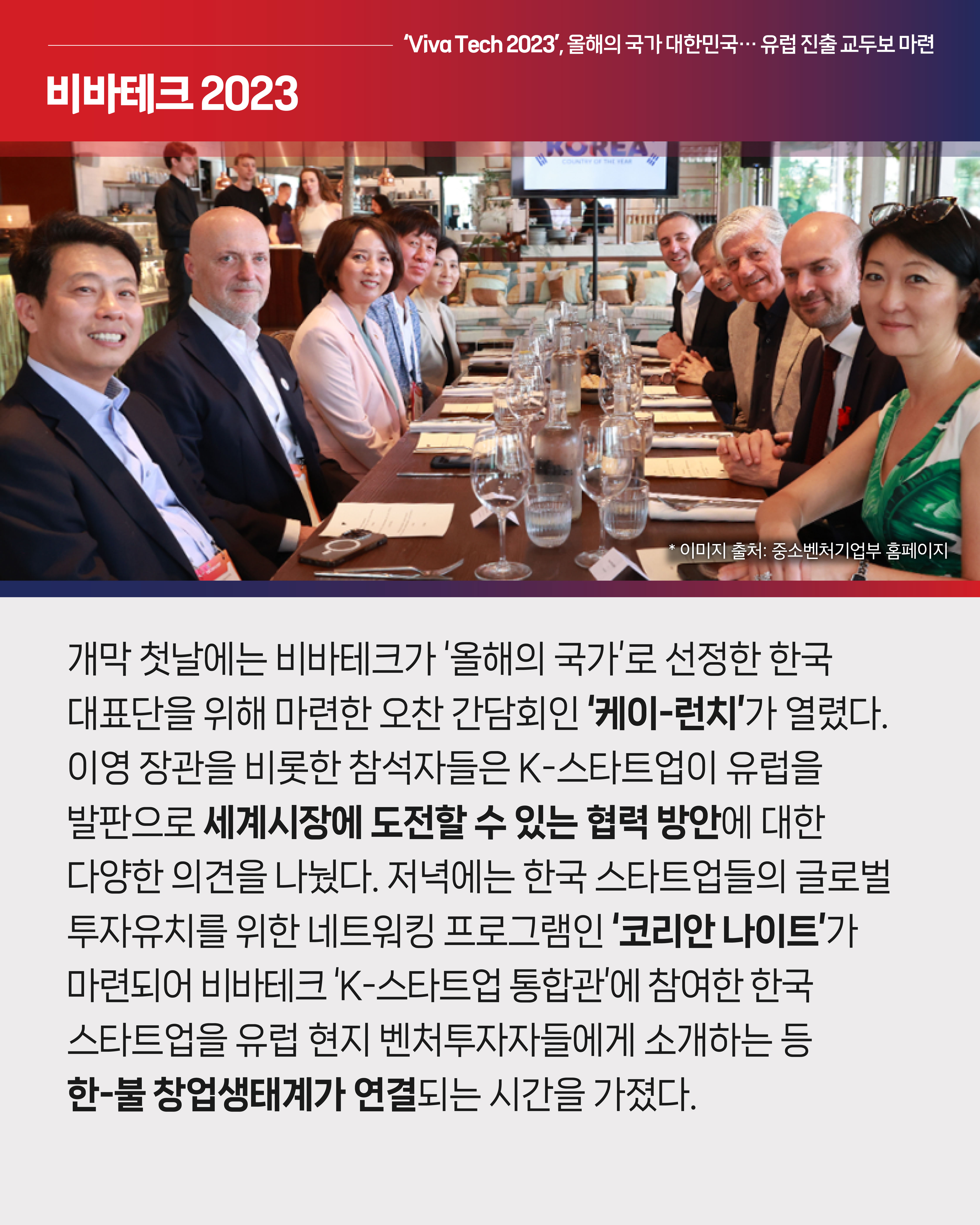 개막 첫날에는 비바테크가 ‘올해의 국가’로 선정한 한국 대표단을 위해 마련한 오찬 간담회인 ‘케이-런치’가 열렸다. 이영 장관을 비롯한 참석자들은 K-스타트업이 유럽을 발판으로 세계시장에 도전할 수 있는 협력 방안에 대한 다양한 의견을 나눴다. 저녁에는 한국 스타트업들의 글로벌 투자유치를 위한 네트워킹 프로그램인 ‘코리안 나이트’가 마련되어 비바테크 ‘K-스타트업 통합관’에 참여한 한국 스타트업을 유럽 현지 벤처투자자들에게 소개하는 등 한-불 창업생태계가 연결되는 시간을 가졌다.  
