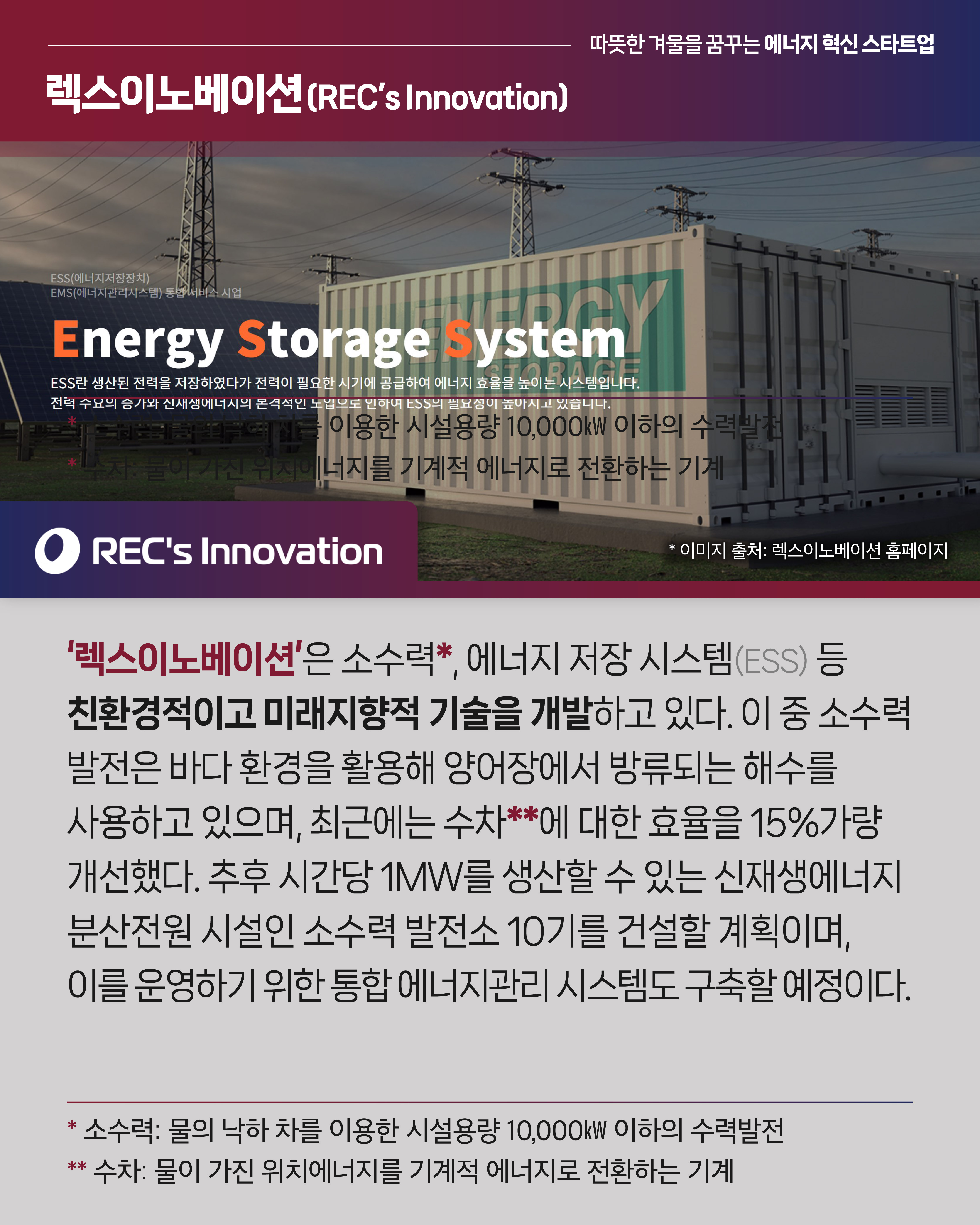 따뜻한 겨울을 꿈꾸는 에너지 혁신 스타트업
<렉스이노베이션> Energy Storage System
ESS란 생산된 전력을 저장하였다가 전력이 필요한 시기에 공급하여 에너지 효율을 높이는 시스템입니다.
전력 수요의 증가와 신재생 에너지의 본격적인 도입으로 인하여 ESS의 필요성이 높아지고 있습니다.

‘렉스이노베이션’은 소수력*, 에너지 저장 시스템(ESS) 등 친환경적이고 미래지향적 기술을 개발하고 있다. 이 중 소수력 발전은 바다 환경을 활용해 양어장에서 방류되는 해수를 사용하고 있으며, 최근에는 수차**에 대한 효율을 15%가량 개선했다. 추후 시간당 1MW를 생산할 수 있는 신재생에너지 분산전원 시설인 소수력 발전소 10기를 건설할 계획이며, 이를 운영하기 위한 통합 에너지관리 시스템도 구축할 예정이다.   
*소수력: 물의 낙하 차를 이용한 시설용량 10,000㎾ 이하의 수력발전
**수차: 물이 가진 위치에너지를 기계적 에너지로 전환하는 기계
