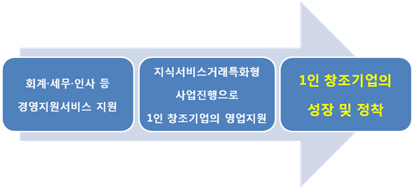 회계/세무/인사 등 경영지원서비스 지원, 지식서비스거래특화형 사업진행으로 1인창조기업의 영업지원, 1인 창조기업의 성장 및 정착