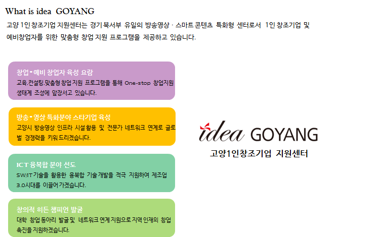 what is idea GOYANG 고양 1인 창조기업 지원센터는 경기북서부 유일의 방송영상·스마트 콘텐츠 특화형 센터로서 1인 창조기업 및 예비창업자를 위한 맞춤형 창업 지원 프로그램을 제공하고 있습니다. 창업·예비 창업자 육성 요람 교육, 컨설팅, 맞춤형 창업지원 프로그램을 통해 One-stop 창업지원 생태계 조성에 앞장서고 있습니다. 방송·영상 특화분야 스타기업 육성  고양시 방송영상 인프라 시설 활용 및 전문가 네트워크 연계로 글로벌 경쟁력을 키워드리겠습니다. ICT 융복합 분야 선도 SW/IT 기술을 활용한 융복합 기술개발을 적극 지원하여 제조업 3.0시대를 이끌어가겠습니다. 창의적 히든 챔피언 발굴  대학 창업동아리 발굴 및 네트워크 연계지원으로 지역 인재의 창업촉진을 지원하겠습니다.  idea GOYANG 고양1인창조기업 지원센터